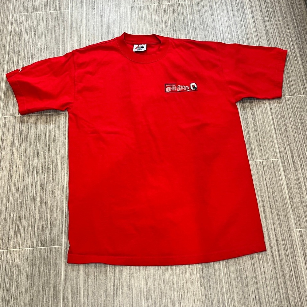 Majestic Ohio State Buckeyes OSU Block‎ O Embroidered Red T Shirt Sz L Vtg